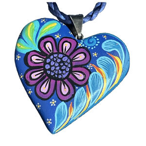 Oaxacan Wooden Carved Heart Pendant & Hand Painted Alebrije Style Sterling Bail
